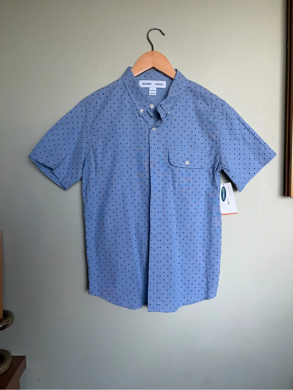 Old Navy Light Blue Cotton Short-Sleeve Shirt Poka Dot Size XL (14-16) Preppy